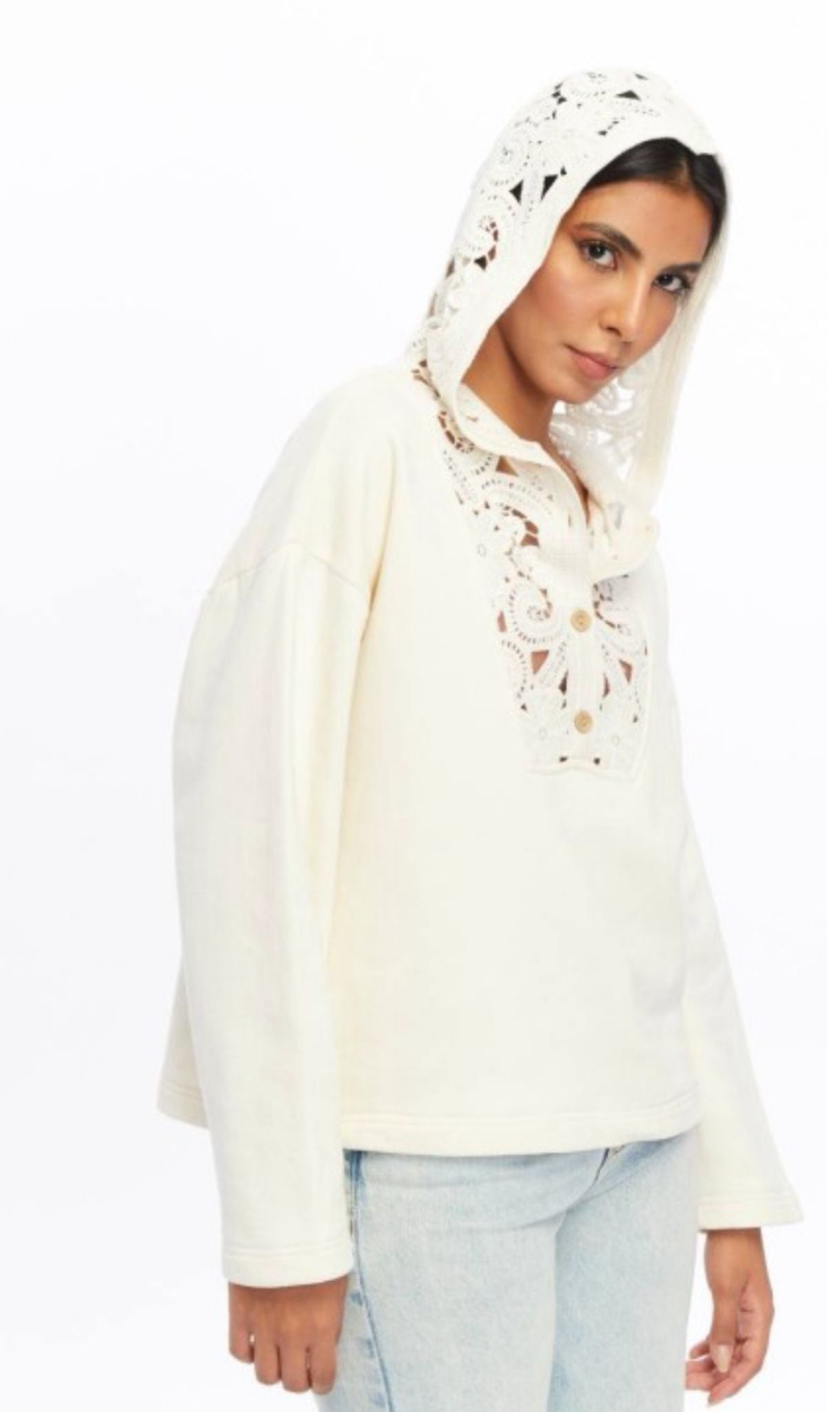 Cotton Sweater with Crochet Hood Detail