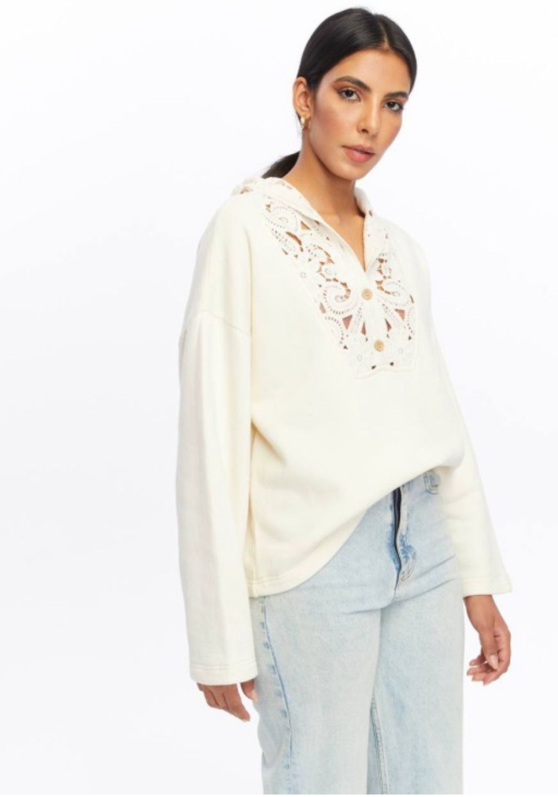 Cotton Sweater with Crochet Hood Detail