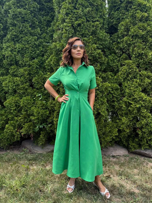 Cotton Blend High waist pleated Midi Dress