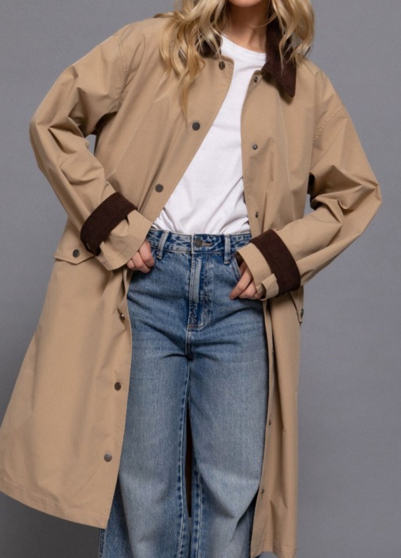 Contrast Collar Long Trench Coat