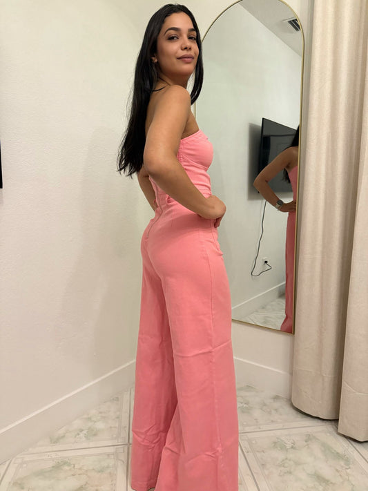 Strapless Pink Jean Jumpsuit