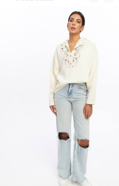 Cotton Sweater with Crochet Hood Detail