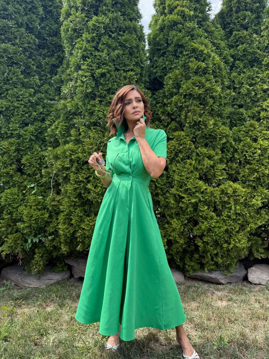 Cotton Blend High waist pleated Midi Dress