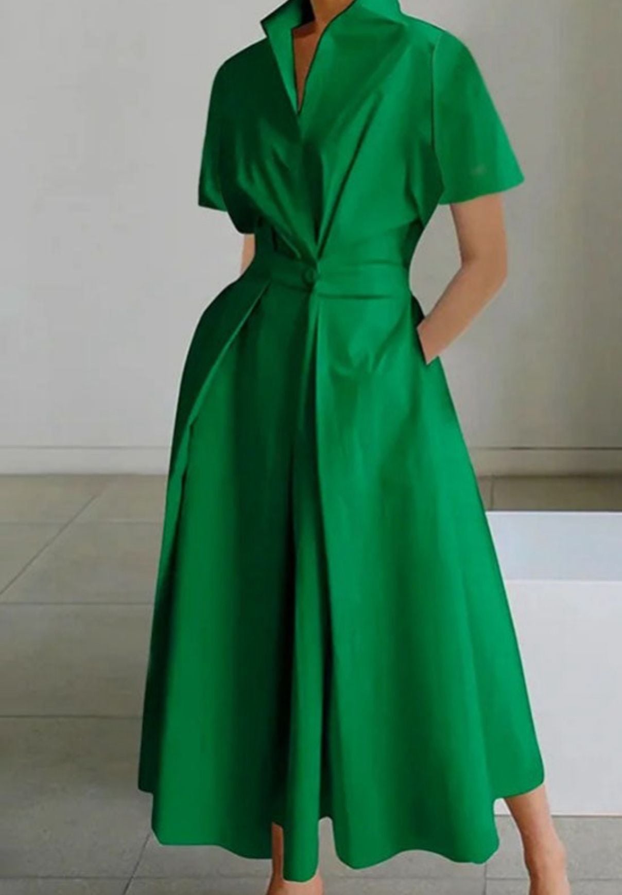Cotton Blend High waist pleated Midi Dress
