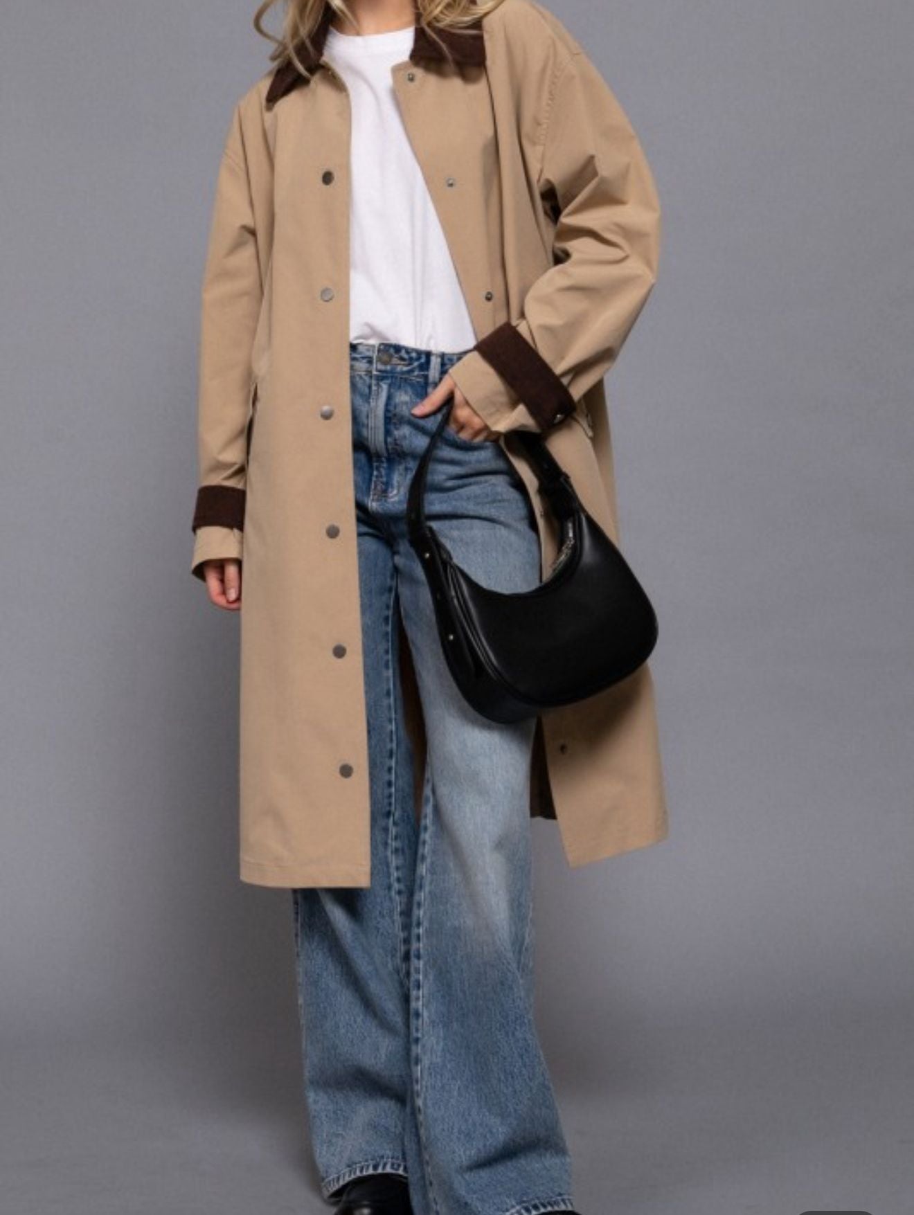 Contrast Collar Long Trench Coat