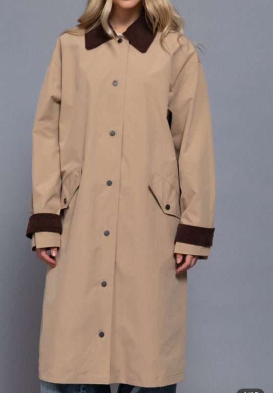 Contrast Collar Long Trench Coat