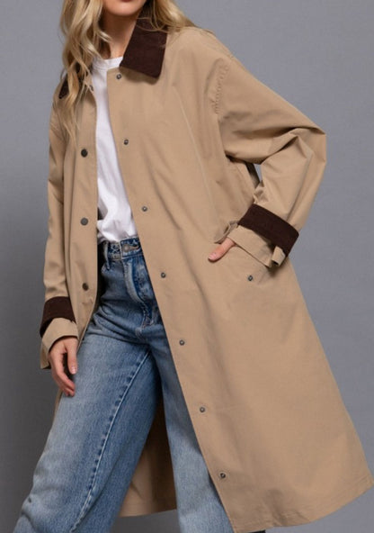 Contrast Collar Long Trench Coat