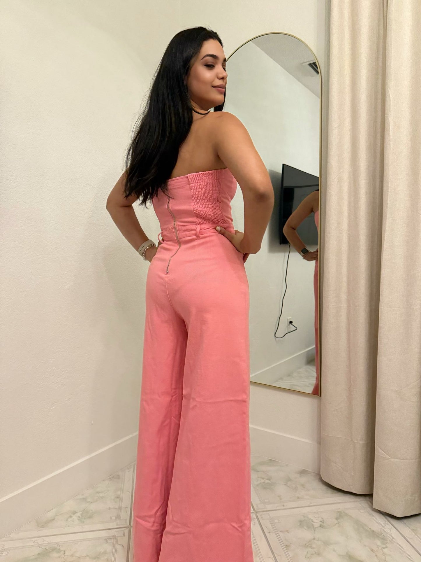 Strapless Pink Jean Jumpsuit