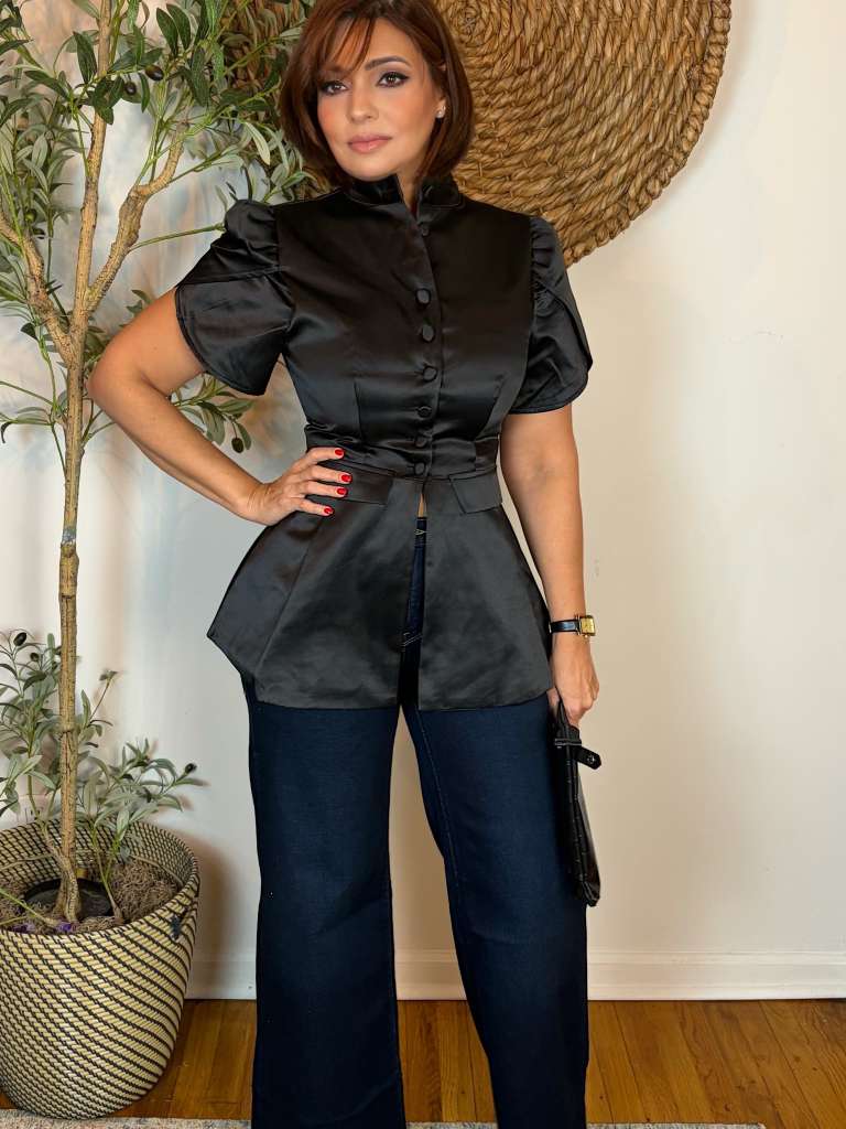 Stand Collar Button up Slim Blouse Top